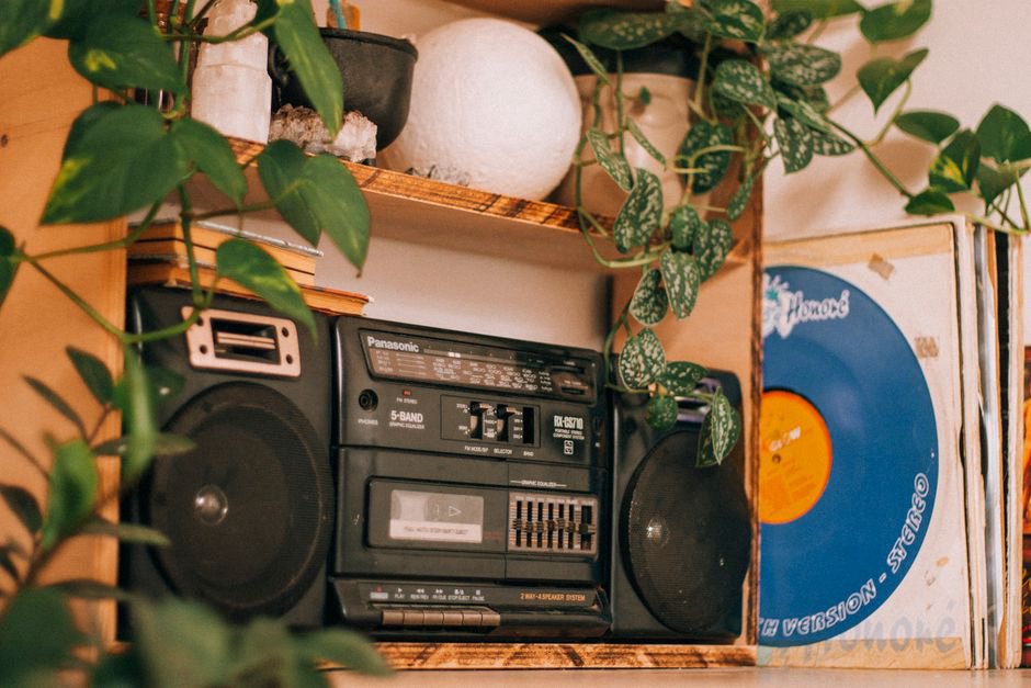 Gig table with records, tapes, and handmade patches