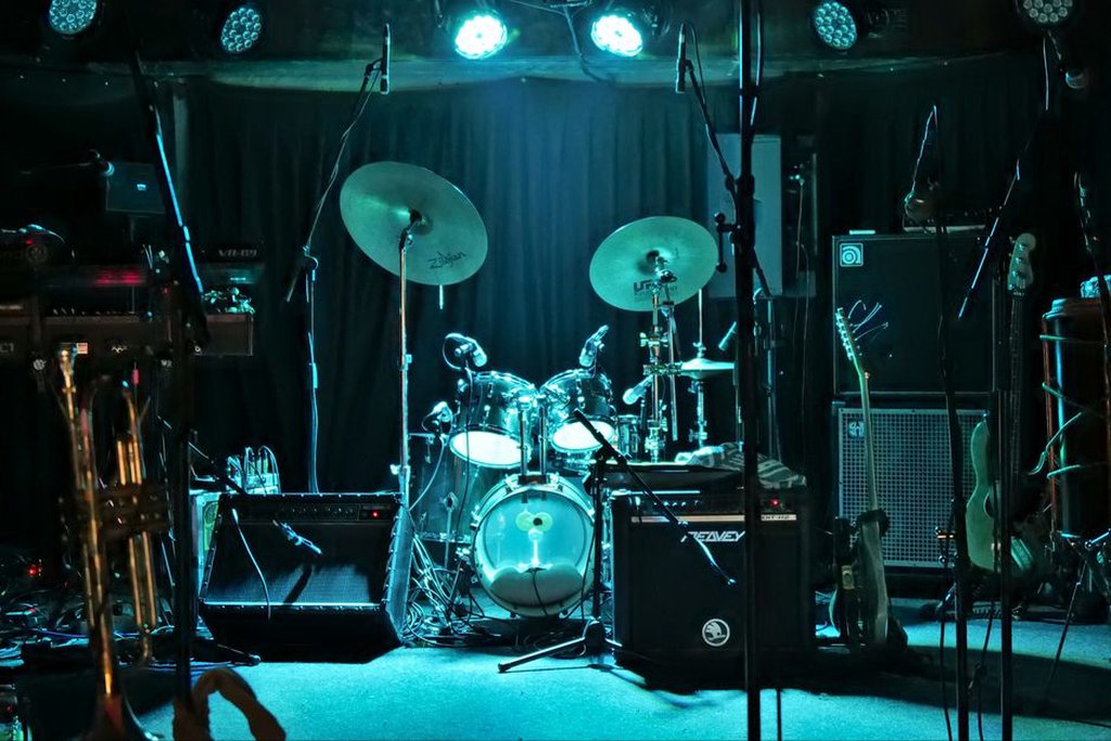 Rehearsal equipment prepared for a fast, loud set