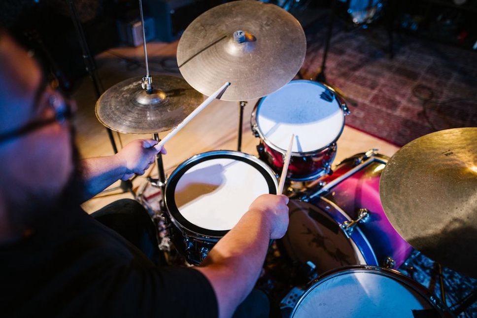 Snare and cymbal detail during a thrash session